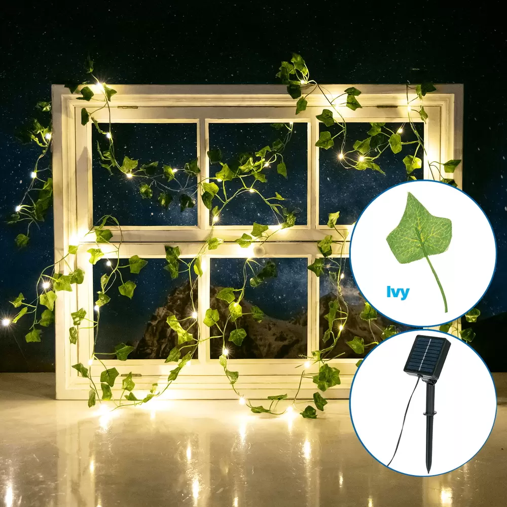 Catena decorata con foglie di edera a energia solare 50 Led 5 metri Bianco caldo Aigostar - immagine 6