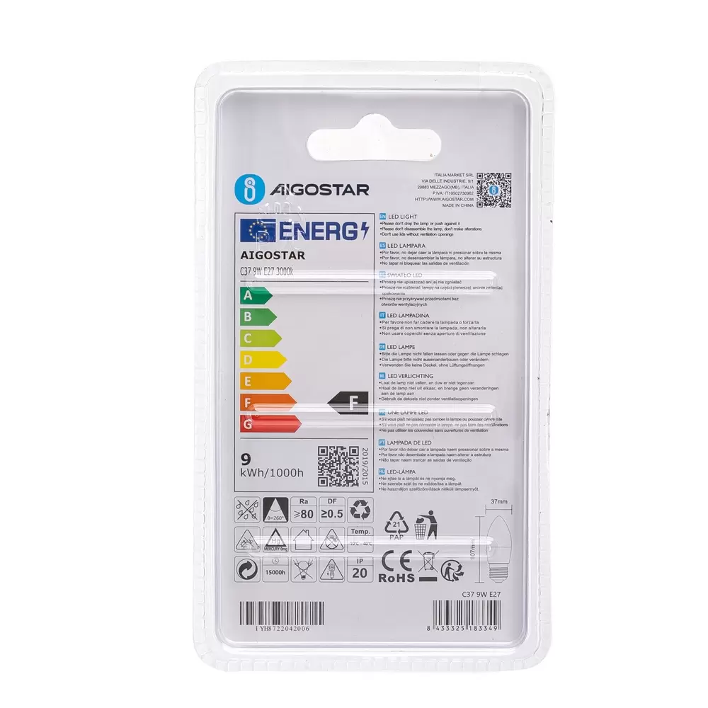 Lampadina Led E27 C35 a candela 9W Bianco caldo 3000K Aigostar - immagine 5
