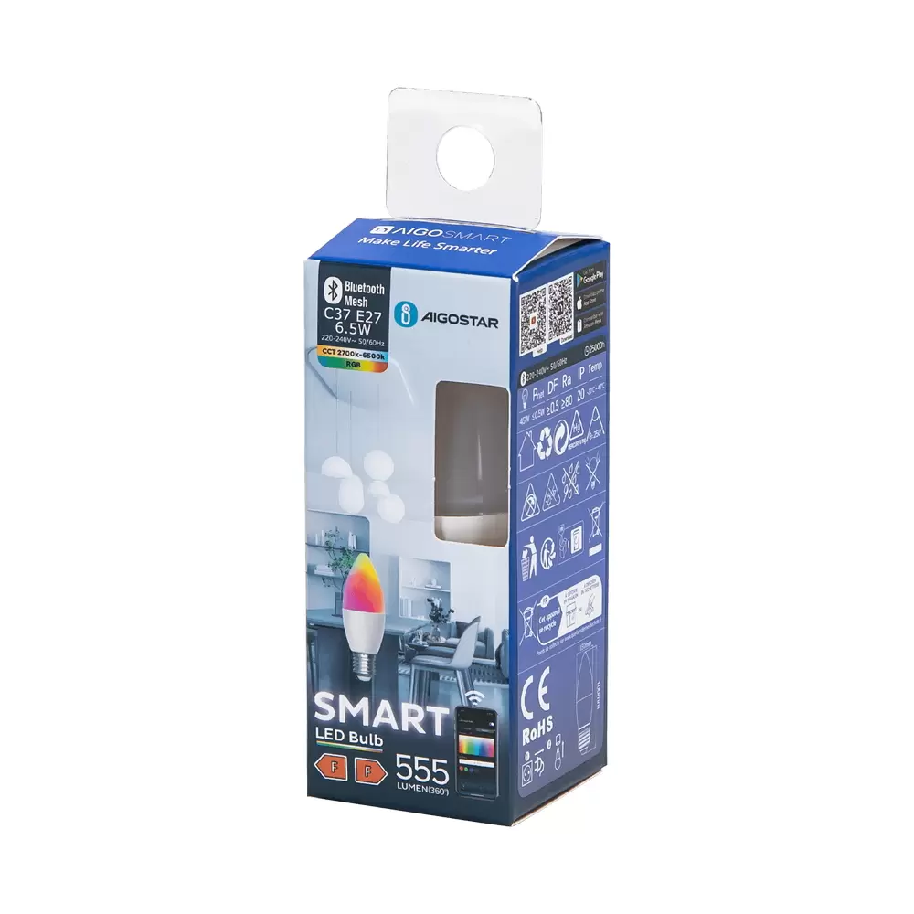Lampadina Led Smart C37 E27 6.5W Bluetooth Mesh RGB CCT luce regolabile e dimmerabile Aigostar - immagine 4